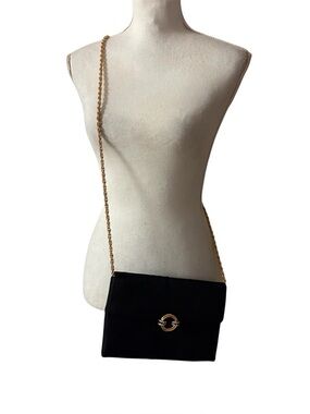 RODO Italy Satin Black Flap Gold Chain Handbag  Rhinestone Crossbody